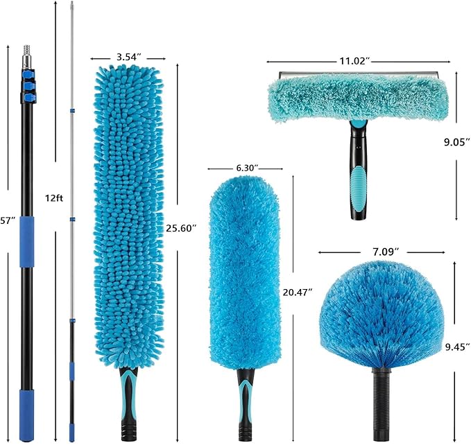 20 Foot Fan Cleaner High Ceiling 2 Cobweb Dusters with Heavy Duty Extension Pole, Window Squeegee Kit, Household Cleaning Gloves(12ft)