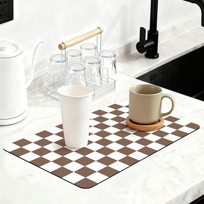 12" x 20" Checkered Dish Drying Mat for Kitchen Counter, Absorbent Coffee Bar Mat for Espresso Machine Coffee Countertops Accessories (Coffee Brown)