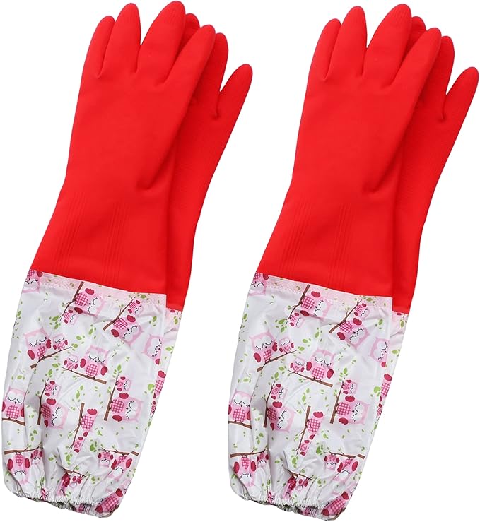 Myungjin Fleece-Lined, Flock Lining, Insulated Long Cuff, Reusable Waterproof Household Kitchen Dishwashing Non-Slip Cleaning Latex Rubber Gloves (2 Pairs)