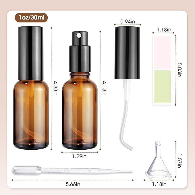 6-Pack 1oz/30ml Amber Glass Spray Bottles for Fine Mist | with 2 Extra Nozzles, Refillable Essential Oil, Toner, Hair Care & Cleaning Solutions Bottles Set | Leak-Proof, UV Protection