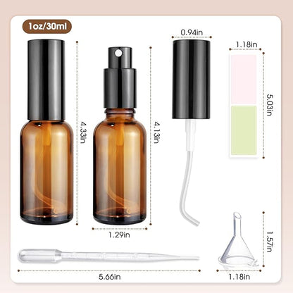 6-Pack 1oz/30ml Amber Glass Spray Bottles for Fine Mist | with 2 Extra Nozzles, Refillable Essential Oil, Toner, Hair Care & Cleaning Solutions Bottles Set | Leak-Proof, UV Protection