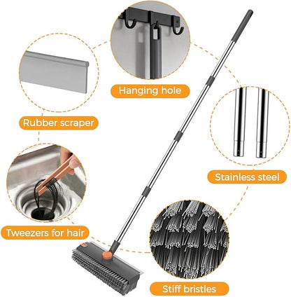 SetSail Floor Scrub Brush, 3 in 1 Floor Scrub Brush with 54-in Adjustable Long Handle and Scraper Heavy Duty Stiff Bristle Floor Scrubber for Cleaning Shower Bathroom Kitchen Patio Garage, Grey&Orange