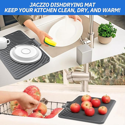 JACZZO Silicone Dish Drying Mat for Kitchen Counter, 19.7" x 17.2" Large Drying Mat with Built-in Drain Lip, Heat Resistant Countertop Protector Pad, Fast Drying & Easy Clean, Grey