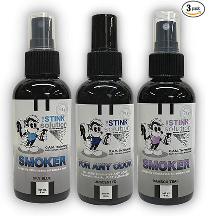 The Stink Solution Smoke Odor Eliminator Spray - Completely Remove Smoke Smell From House, Car, Clothes, Hair, & More - Best Odor Eliminator For Smoke - Bamboo Teak, Sky Blue, & Unscented 4 oz Bottles