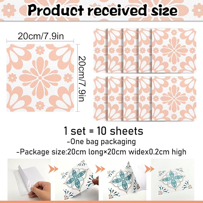 AM AMAONM 10pcs 20x20cm Removable Square Vintage Floral Pattern Tile Stickers 3D Decorative Peel and Stick Vinyl Self Adhesive Wall Tiles Decor Decals for Kitchen Backsplash Bathroom Furniture (F)