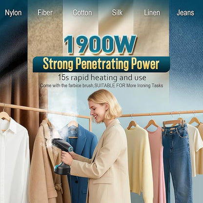 Steamer for Clothes - 1900W Strong Penetrating Steam & Fast Wrinkle Remover Portable Handheld Garment Steamer 3 Steam Settings, Fabric Brush & 300ml Big Capacity, Clothes Steamer Iron for Home Travel