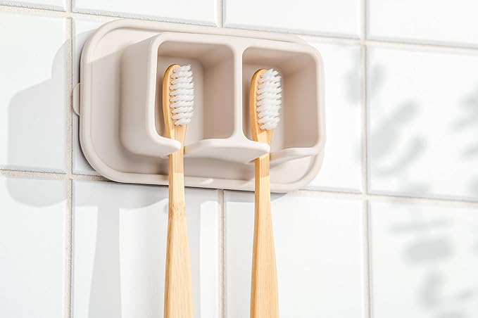 Silicone Suction Toothbrush Holder 2-Slot Wall Mounted Bathroom Organizer for Electric, Manual & Kids' Toothbrushes – Secure Suction Storage, Compact & Travel-Friendly – Sand Beige