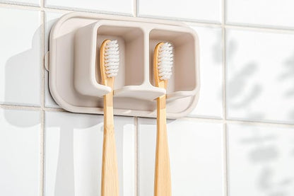 Silicone Suction Toothbrush Holder 2-Slot Wall Mounted Bathroom Organizer for Electric, Manual & Kids' Toothbrushes – Secure Suction Storage, Compact & Travel-Friendly – Sand Beige