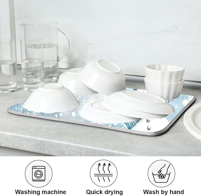 Winter Snowman Silver Dish Drying Mat for Kitchen Countertop 18x24 Christmas Snowflake White Xmas Large Drying Mat Reusable Quick Dry Dish Sink Mats Easy Clean Decorative Essentials