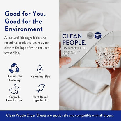 The Clean People Fabric Softener Sheets - Dryer Sheets - Softens & Removes Static Cling - Vegan Laundry Softener, Fragrance Free - Unscented, 120 Pack