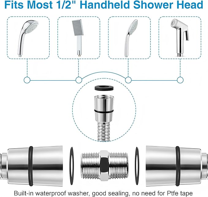 Dreyoo 1 Pack 59 Inch Shower Hose with Shower Extension Connector, Extra Long Handheld Head Hose with Brass Insert and Nut, 1/2 to 1/2 Extender, Stainless Steel