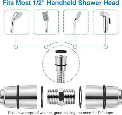 Dreyoo 1 Pack 59 Inch Shower Hose with Shower Extension Connector, Extra Long Handheld Head Hose with Brass Insert and Nut, 1/2 to 1/2 Extender, Stainless Steel
