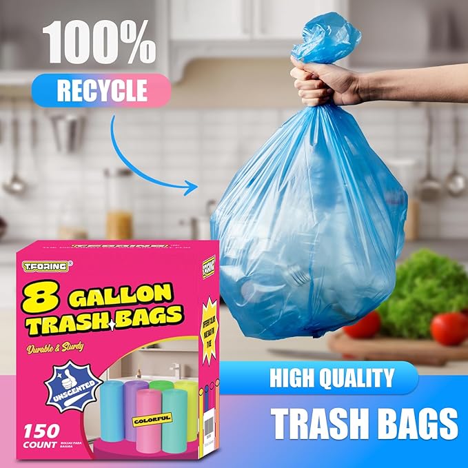 8 Gallon Trash Bags Colored - 150 Count Medium Garbage Bags Unscented, 30 Liter Thick Trash Can Liners, Plastic Wastebasket Liners for Home Kitchen Bathroom