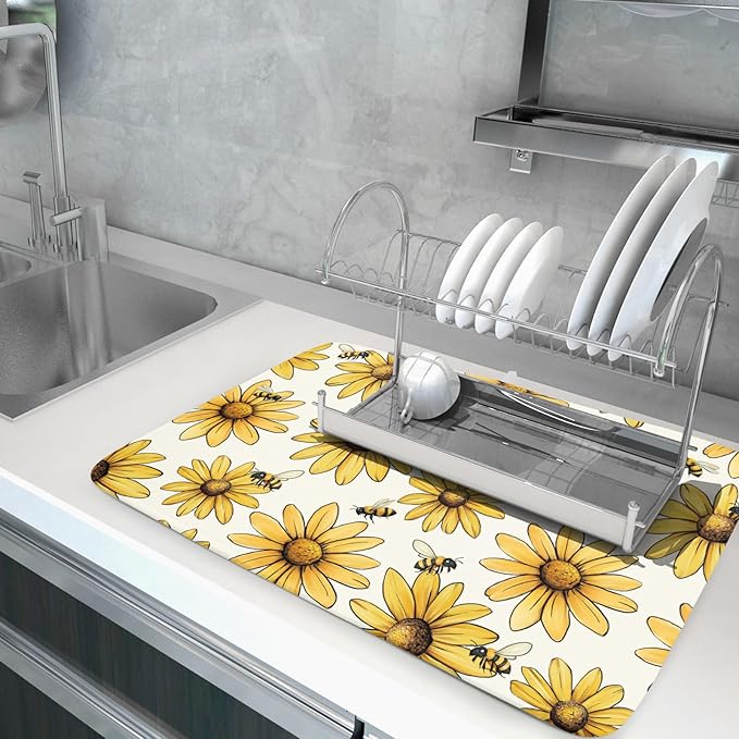 Spring Summer Dish Drying Mat of Kitchen Counter 18×24 Inch Floral Drainer Pad Sunflower Bee Dish Rack Pad Drainer Mat Washable Absorbent Reversible Microfiber for Coffee Bar