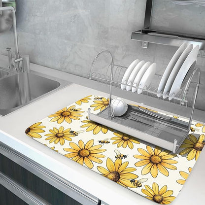 Spring Summer Dish Drying Mat of Kitchen Counter 18×24 Inch Floral Drainer Pad Sunflower Bee Dish Rack Pad Drainer Mat Washable Absorbent Reversible Microfiber for Coffee Bar