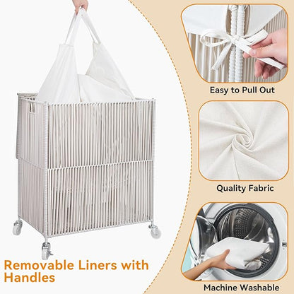 WOWLIVE Laundry Hamper with Wheels, Handwoven Rolling Laundry Basket with Lid, Clothes Hamper with Divided Removable Liner Bag, 115L Large Laundry Sorter Laundry Room Organization, Creamy White