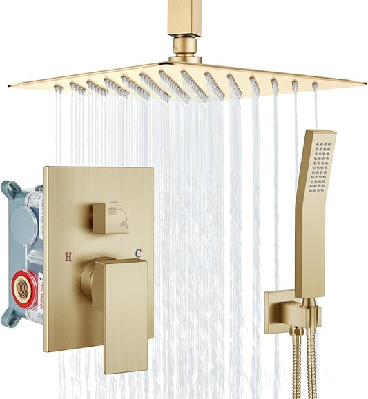 Aolemi Ceiling Mount Shower System Rain Shower Head with Handheld Spray High Pressure Shower Faucet Set Rough-in Valve Shower Trim Kit Included Bathroom Brused Gold 12 Inch Ceiling Shower Head