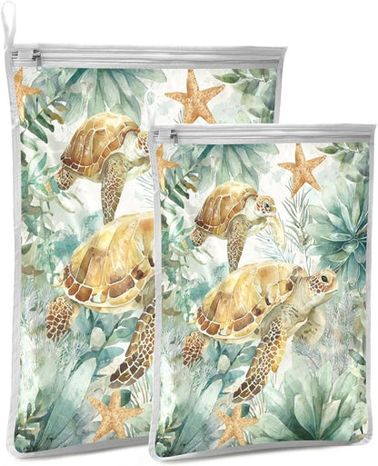 Mesh Laundry Bags Lingerie Bags for Washing Delicates 2 PCS Durable Wash Bag with Zipper Small and Medium Washable Sea Turtle Starfish Plants