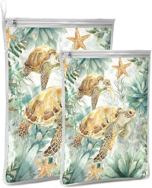 Mesh Laundry Bags Lingerie Bags for Washing Delicates 2 PCS Durable Wash Bag with Zipper Small and Medium Washable Sea Turtle Starfish Plants