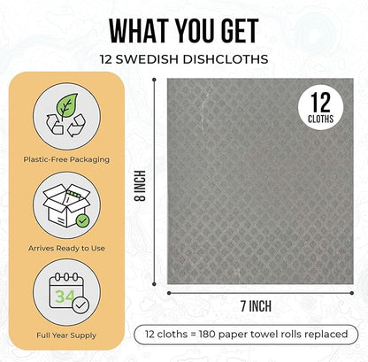 Swedish Dishcloths 12 Pack - Reusable Paper Towels for Kitchen, Absorbent Cellulose Sponge Cleaning Cloths, Washable Dish Rags, Quick Drying Kitchen Towels, Paper Towel Alternative by Organic Origin