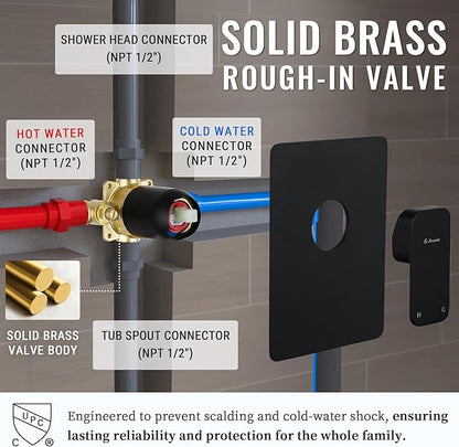 All Metal Shower Faucet Set, Dual Square Shower Head System with Handheld Wand, Diverter, Hose Complete Combo, Pressure Balance Rough-in Valve and Tub Spout Included (Matte Black)