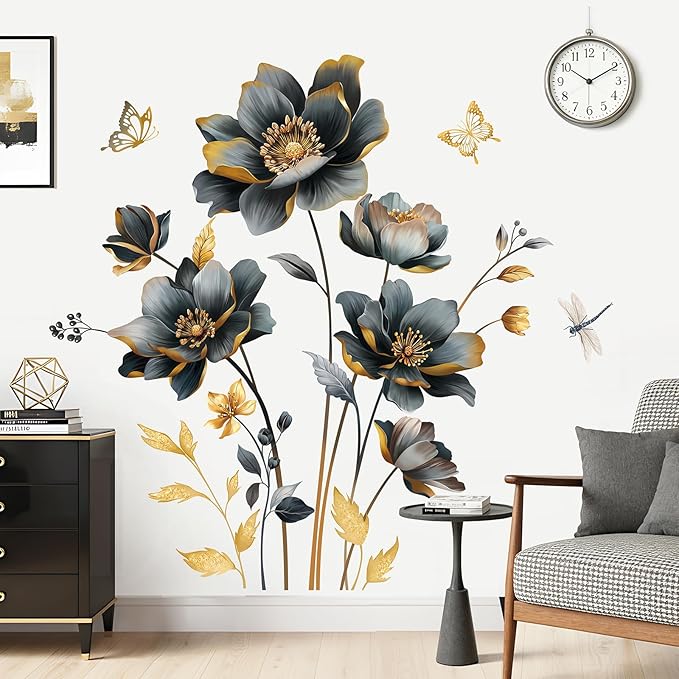 wondever Black Gold Flowers Wall Stickers 3D Floral Butterfly Peel and Stick Wall Art Decals for Living Room Bedroom Sofa TV Background