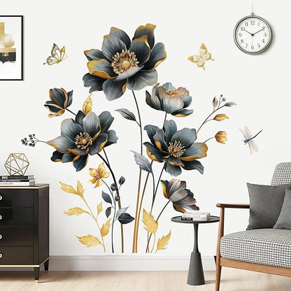 wondever Black Gold Flowers Wall Stickers 3D Floral Butterfly Peel and Stick Wall Art Decals for Living Room Bedroom Sofa TV Background