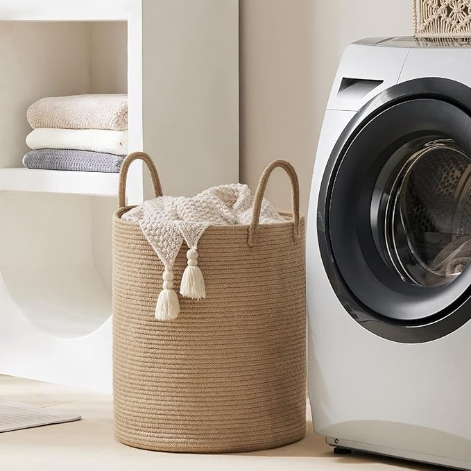 Woven Rope Laundry Hamper Basket by YOUDENOVA, 72L Tall Luandry Basket, Baby Nursery Hamper for Blanket Storage in Bedroom-Large-Jute