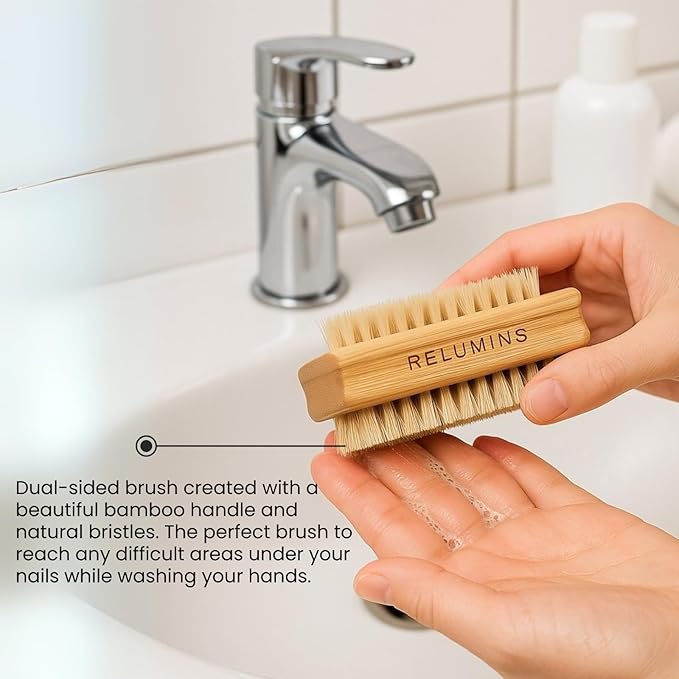 Relumins Dual Sided Nail Brush Bamboo Handle Bristle Exfoliating Tool for Hand Foot Care Grooming Travel Hygiene Use - 2 PC Set