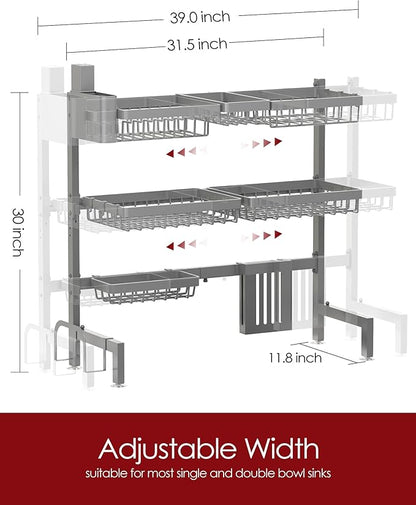 Sakugi Dish Drying Rack - Over The Sink Dish Drainer Drying Rack with Utensil & Knife Holder, Hooks, Stainless Steel Kitchen Organizers and Storage Solution, 11.8" D x 31.5"~39.0''W x 30" H, Gray