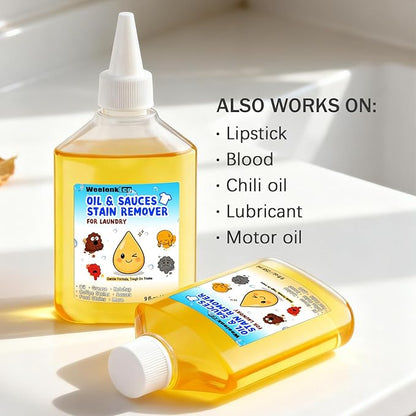 Instant Oil Stain Remover For Fabric (9 fl oz) – Effectively Eliminates Food Grease, Sauces, Motor Oil, Dried Oils, and Oily Stains. Safe for Skin and Machine-Washable Fabrics
