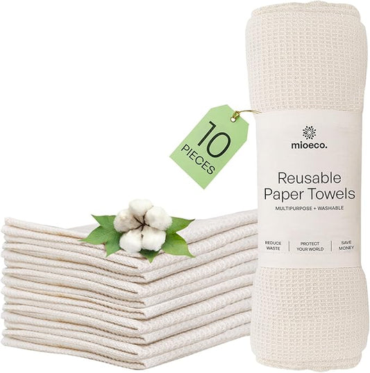 10 Pack Reusable Kitchen Paper Towels Washable - Super Absorbent Natural unPaper Towels - Natural Cotton - Reusable, Paperless Kitchen Dish Cloths - 100% Organic