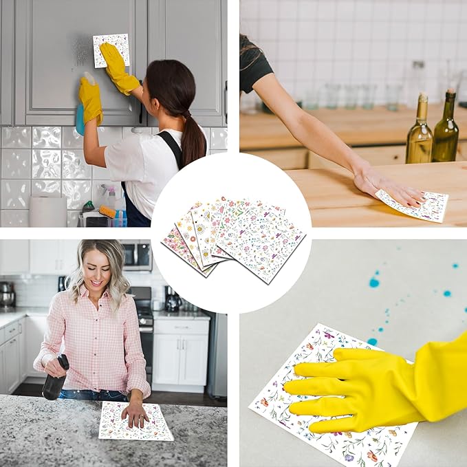 Floral Swedish Dish Cloths for Kitchen, 6 Pack Reusable Wildflowers Swedish Kitchen Dishcloths, Absorbent Sponge Cleaning Dish Cloths for Party Home Cleaning Quick Drying Washable Hand Towel