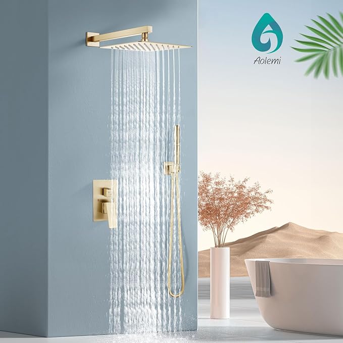 Aolemi Shower Faucet Set, High Pressure Shower System with 2-in-1 Handheld Sprayer, Wall Mount Fixture Combo with Rough-in Valve, 16 Inch Shower Head, Brushed Gold