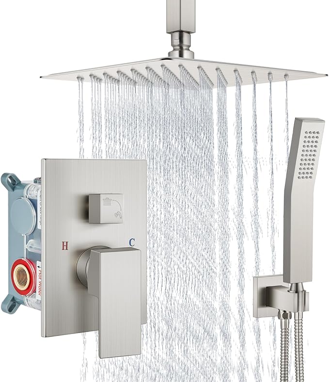Aolemi Ceiling Mount Shower System Rain Shower Head with Handheld Spray High Pressure Shower Faucet Set Rough-in Valve Shower Trim Kit Included Bathroom Brushed Nickel 8 Inch Ceiling Shower Head