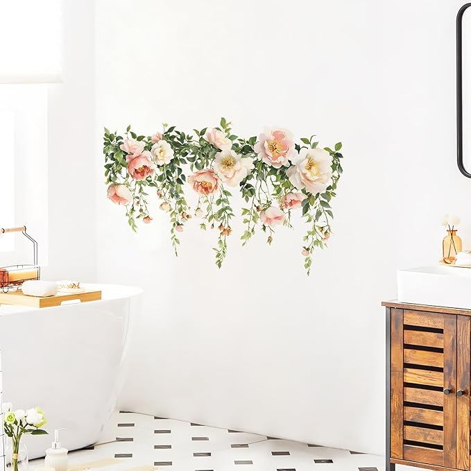 Flower Wall Stickers Vinyl Wall Decals Peel and Stick Rose Wall Murals Art Decor Wallpaper for Girls Bedroom Living Room Kitchen Tv Background