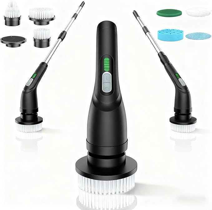 Shower Scrubber with Long Handle - Bathroom Power Electric Spin Scrubber for Cleaning Bathtub with 7 Brush Heads - Cordless IPX7 Waterproof Automatic for Grout, Tile, Tub, Toilet, Car