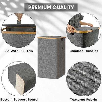BALEINE Laundry Hamper with Lid, Tall Laundry Baskets with Bamboo Pull Handles, Large Laundry Bin with Internal Support (18 Gal/70L, Blue)