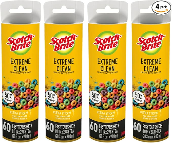 Scotch-Brite Extreme Clean Large Lint Roller Refills, 50% Stickier*, Heavy Duty for Removing Debris and Pet Hair on Clothes, Furniture, Cars, Offices & More, 4 Pack, 240 Adhesive Sheets Total