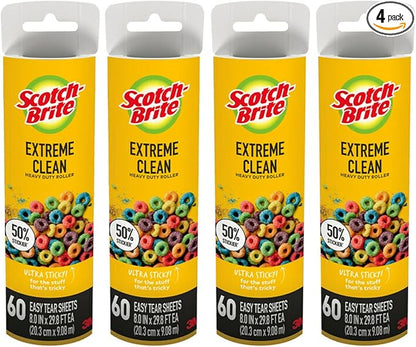 Scotch-Brite Extreme Clean Large Lint Roller Refills, 50% Stickier*, Heavy Duty for Removing Debris and Pet Hair on Clothes, Furniture, Cars, Offices & More, 4 Pack, 240 Adhesive Sheets Total