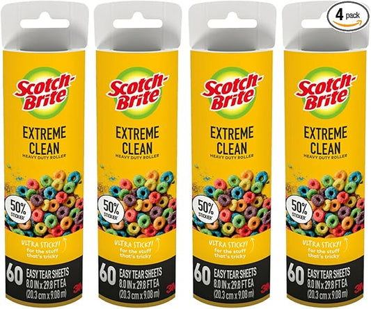 Scotch-Brite Extreme Clean Large Lint Roller Refills, 50% Stickier*, Heavy Duty for Removing Debris and Pet Hair on Clothes, Furniture, Cars, Offices & More, 4 Pack, 240 Adhesive Sheets Total