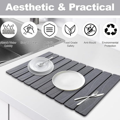 Stone Drying Mat for Kitchen Counter, 24"x16" Large Diatomaceous Earth Stone Dish Drying Mat, Fast Absorbing Foldable Quick Dry Stone Sink Mat for Dishes, Pans & Kitchen Utensils (Gray)