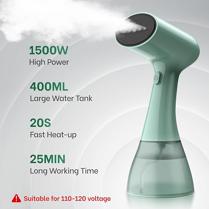 GS01 Steamer for Clothes, clothes steamer handheld with Ultra Large 400ml Water Tank, 1500W High Power, 20S Fast Heat-up,Wrinkle Remover,Portable Handheld Design Travel Steamer (Green)