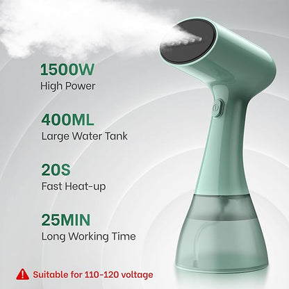 GS01 Steamer for Clothes, clothes steamer handheld with Ultra Large 400ml Water Tank, 1500W High Power, 20S Fast Heat-up,Wrinkle Remover,Portable Handheld Design Travel Steamer (Green)