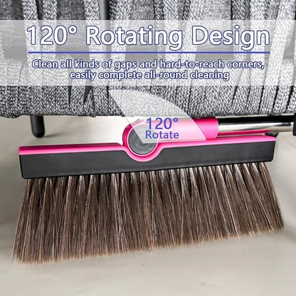 Triangular Indoor Broom and Dustpan Comb Set, 180° Rotating, Soft Bristle Long Handle Upright Sweeping Angled Broom with Self-Cleaning Teeth for Home, Kitchen, Office, Wood Floor (Black Pink)