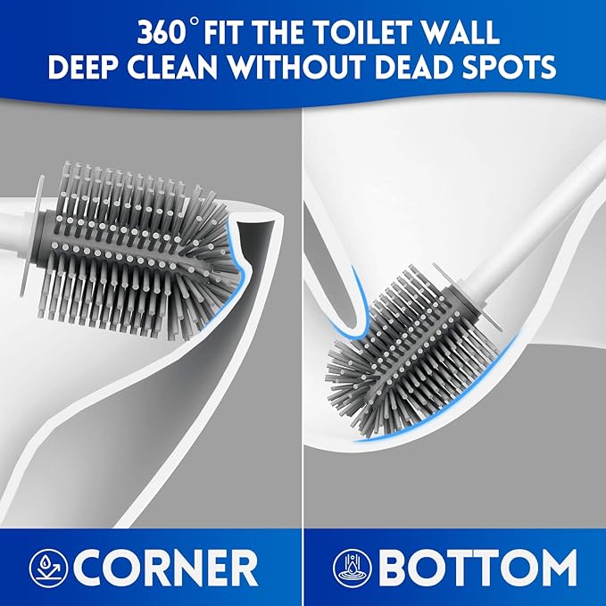 Y-in Hand 2 Pack Silicone Toilet Brush, Soft Toilet Bowl Cleaner Brush Set for Deep Cleaning. Bathroom Accessories with Long Handle, Wall mountable. - White