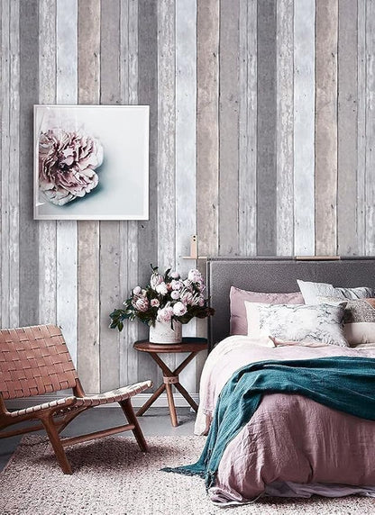 Dimoon Wallpaper 16.4Ftx17.7'' Contact Paper Thicken Wood Gray Wood Wallpaper Stick and Peel Gray Wall Paper Roll Wood Vinyl Removable Shiplap Wallpaper Self Adhesive Decorative Covering Shelf Liner