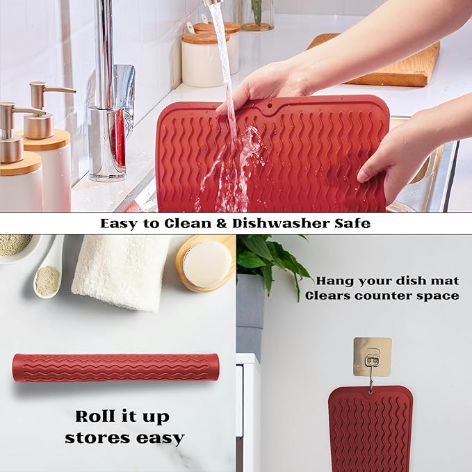 ZLR Silicone Dish Drying Mat & Heat Resistant Trivet (12" x 16") - Waterproof Counter Protector for Air Fryer, Coffee Maker - Non-Slip, BPA Free Kitchen Pad, Easy Clean Dishwasher Safe (Lava Red)