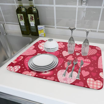 Valentine Day Love Heart Dish Drying Pad 18 x 24 Inch with Absorbent Reversible Microfiber Happy Valentines Pink Red Hearts Drying Mats For Kitchen Counter Dining Room Decoration