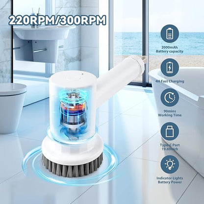 Electric Spin Scrubber Cordless Power Cleaning Brush with 4 Replaceable Brush Heads 2 Adjustable Speeds for Bathroom Kitchen Dishes Tub Sink Tile Window Floor Grout, White
